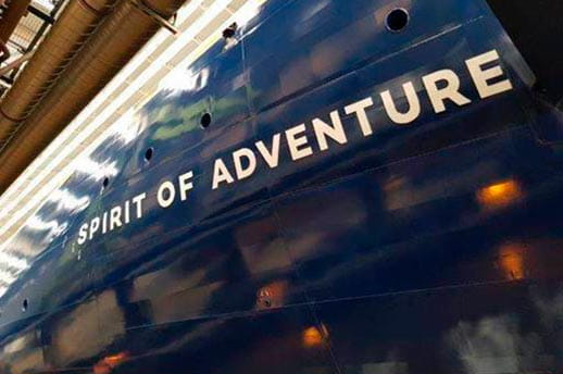 The words Spirit of Adventure now adhorn the exterior of the ship